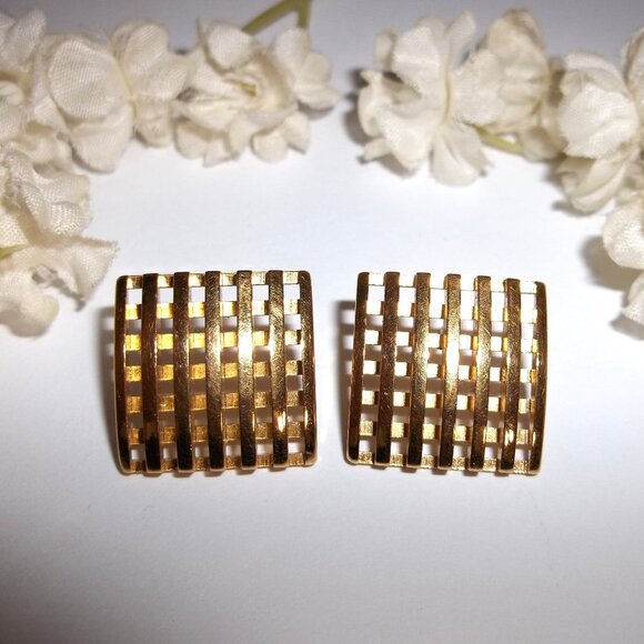 Gold Earrings Vintage Retro Square Set Pair Jewelry Woman 80s Style Fashion D157 - Picture 1 of 4